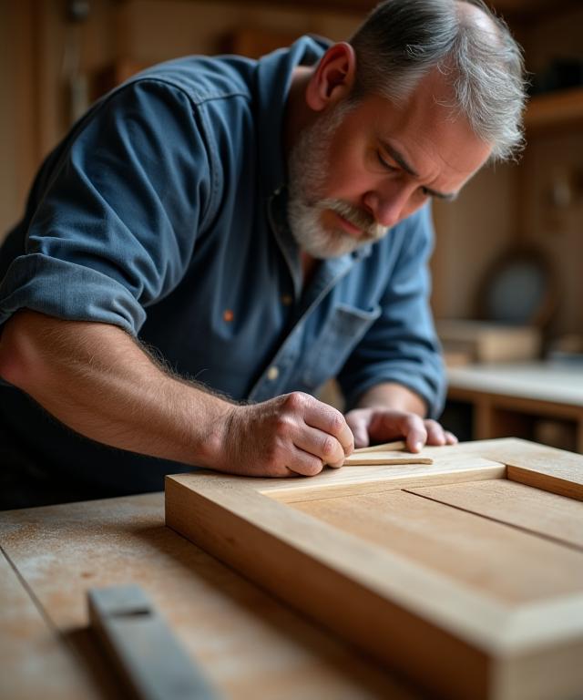Artesano de Muebles del Hogar Cocinas trabajando con precisión en un mueble de madera.