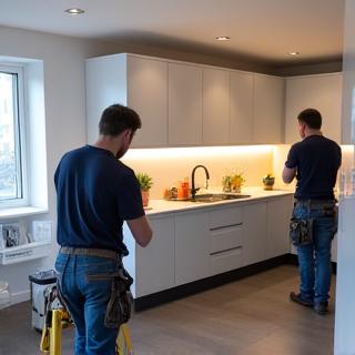 Equipo instalando los últimos detalles de una cocina nueva.