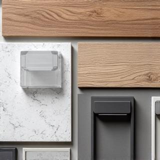 Muestras de madera, cuarzo y tiradores para cocina.