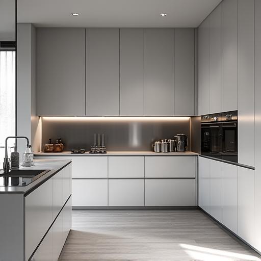 Cocina minimalista sin tiradores con electrodomésticos integrados.
