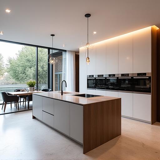 Cocina moderna con isla, acabados en blanco y madera.