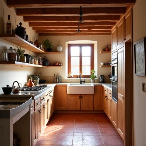 Cocina rústica con vigas de madera, fregadero de porcelana y suelo de terracota.
